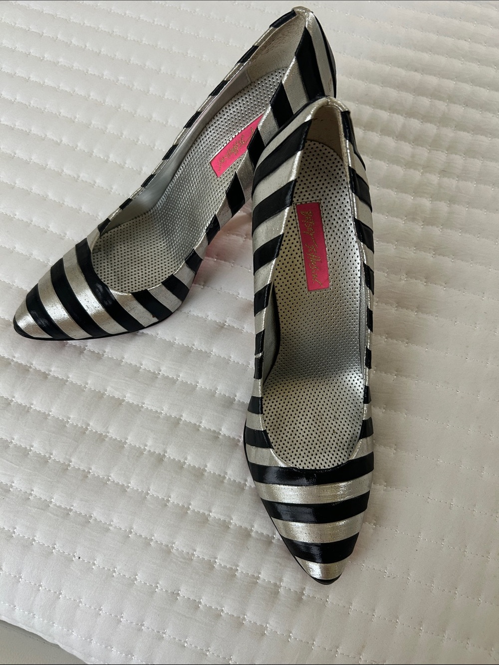 Betsey Johnson Black and Silver Striped Pointed-Toe Pumps
